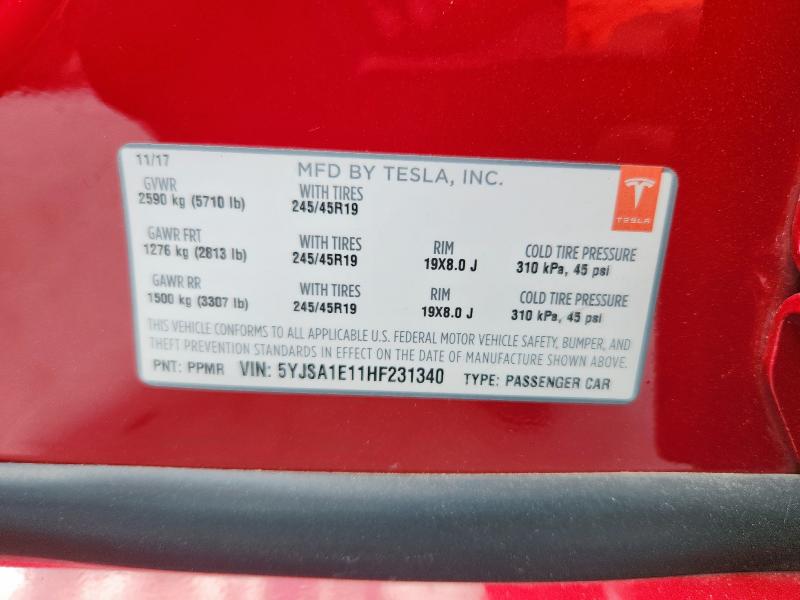 5YJSA1E11HF231340 - 2017 TESLA MODEL S RED photo 12