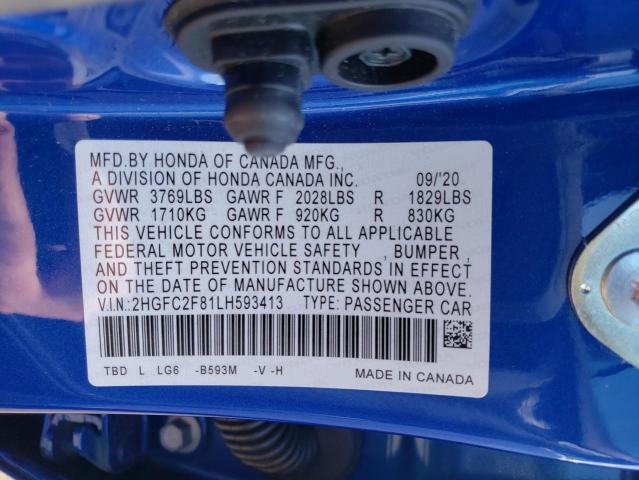 2HGFC2F81LH593413 - 2020 HONDA CIVIC SPORT ლურჯი ფოტო 12