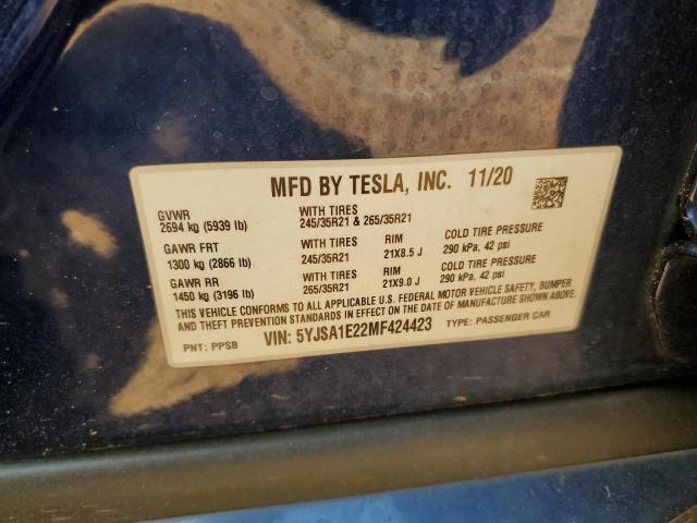 5YJSA1E22MF424423 - 2021 TESLA MODEL S Mavi foto 12