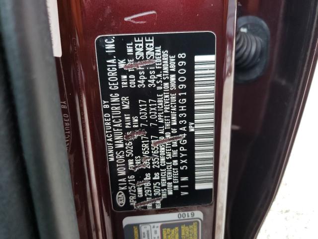 5XYPG4A33HG190098 - 2017 KIA SORENTO LX BURGUNDY photo 13