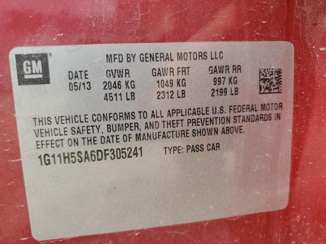 1G11H5SA6DF305241 - 2013 CHEVROLET MALIBU LTZ 红色 照片 12