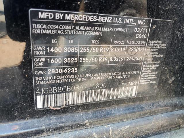 4JGBB8GB0BA711800 - 2011 MERCEDES-BENZ ML 350 4MATIC BLACK photo 13