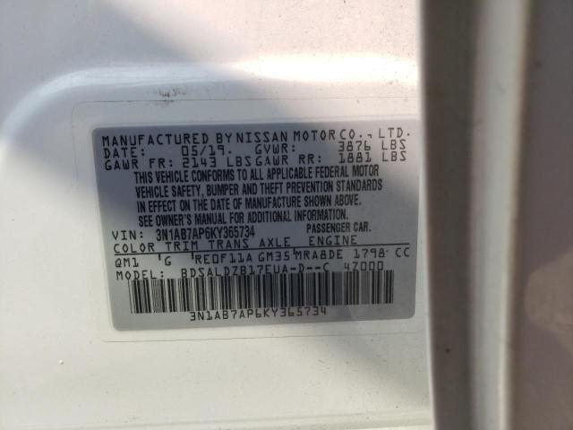 3N1AB7AP6KY365734 - 2019 NISSAN SENTRA S WHITE photo 12