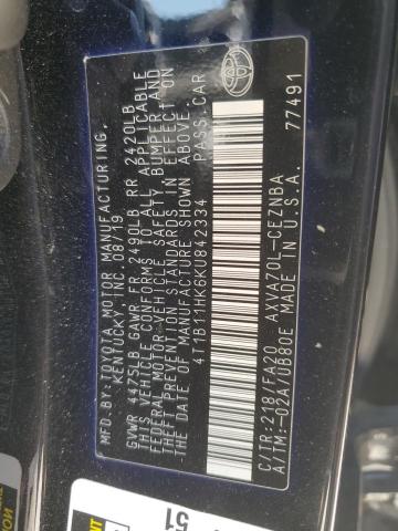 4T1B11HK6KU842334 - 2019 TOYOTA CAMRY L BLACK photo 12