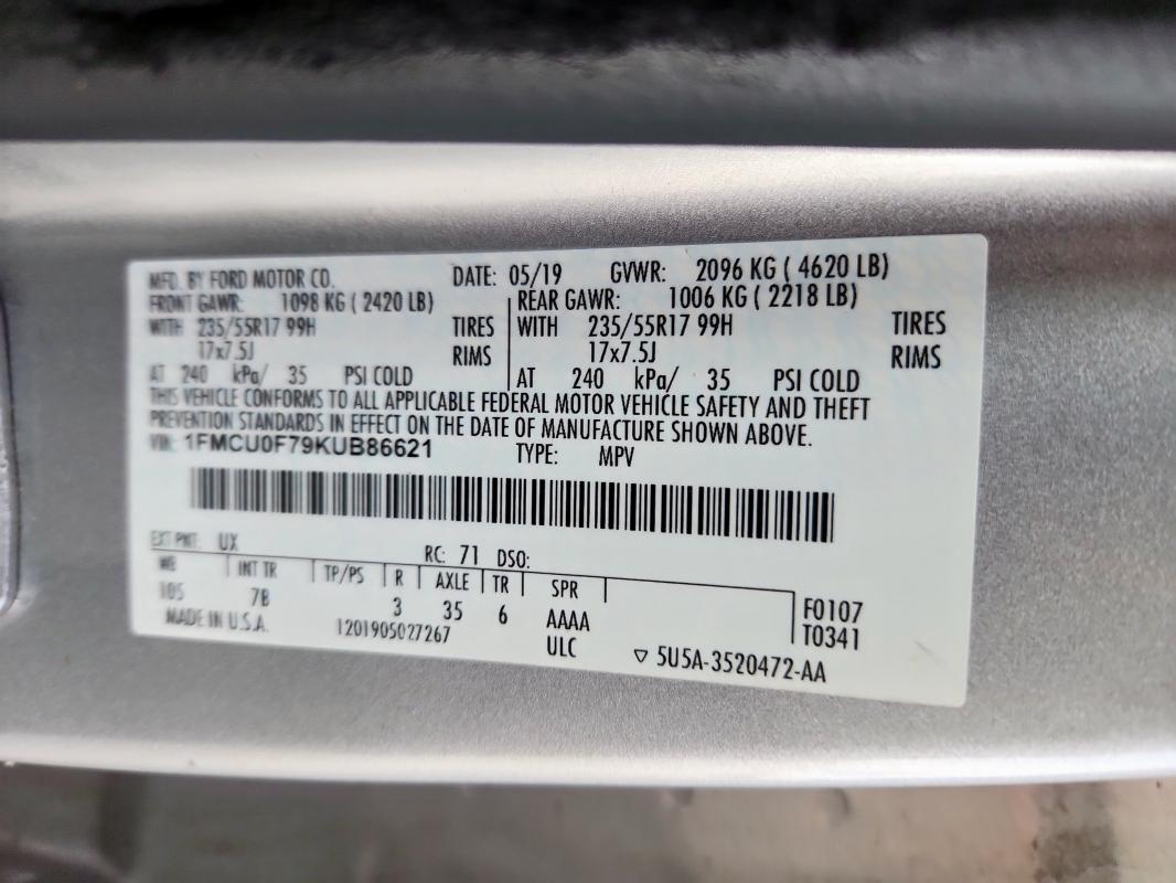 1FMCU0F79KUB86621 - 2019 FORD ESCAPE S ვერცხლისფერი ფოტო 14