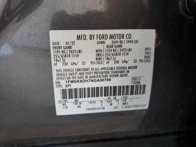 1FMSK8DH7NGA90789 - 2022 FORD EXPLORER XLT GRAY photo 14
