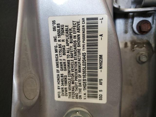 1HGES16365L020445 - 2005 HONDA CIVIC DX VP ვერცხლისფერი ფოტო 12