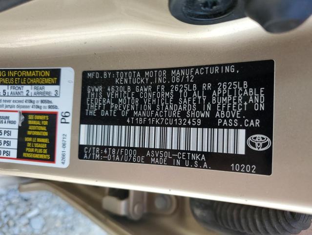 4T1BF1FK7CU132459 - 2012 TOYOTA CAMRY BASE GOLD photo 13