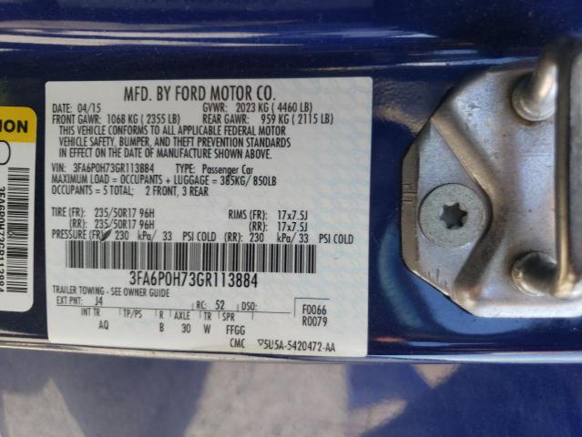 3FA6P0H73GR113884 - 2016 FORD FUSION SE BLUE photo 12