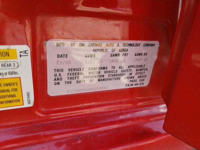 KL1TD66668B259826 - 2008 CHEVROLET AVEO BASE RED photo 12