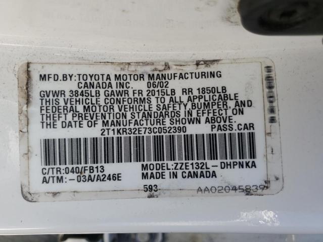 2T1KR32E73C052390 - 2003 TOYOTA COROLLA MA XR WHITE photo 12