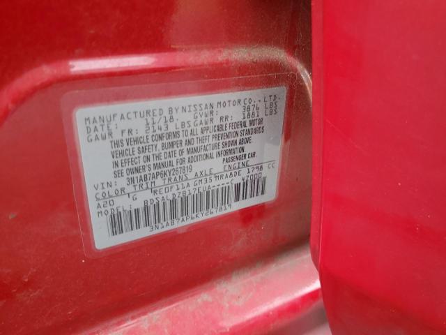 3N1AB7AP6KY267819 - 2019 NISSAN SENTRA S RED photo 12