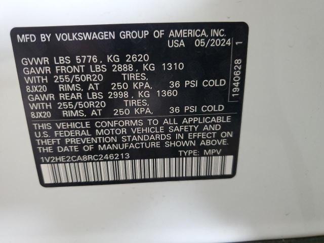 1V2HE2CA8RC246213 - 2024 VOLKSWAGEN ATLAS CROS SE WHITE photo 13
