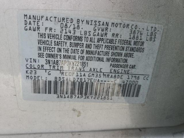 3N1AB7AP3KY221851 - 2019 NISSAN SENTRA S SILVER photo 12