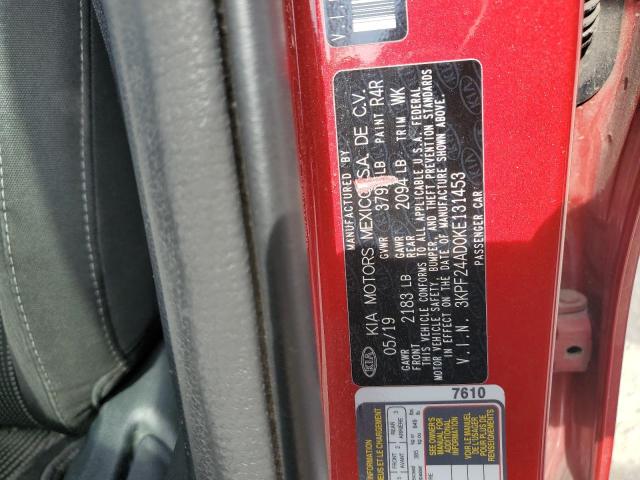 3KPF24AD0KE131453 - 2019 KIA FORTE FE RED photo 12