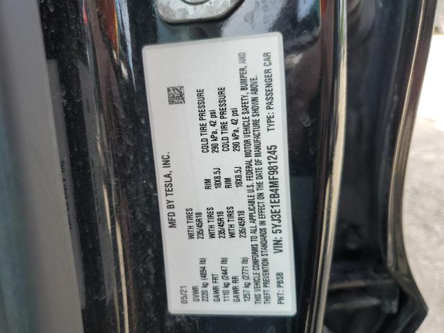 5YJ3E1EB4MF981245 - 2021 TESLA MODEL 3 Черный фото 12