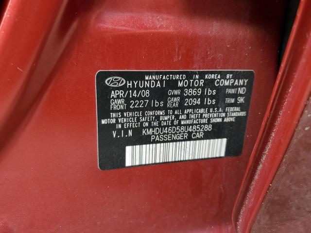 KMHDU46D58U485288 - 2008 HYUNDAI ELANTRA GLS RED photo 12