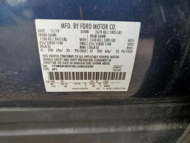 1FMSK8DH8LGB02090 - 2020 FORD EXPLORER XLT BLUE photo 12