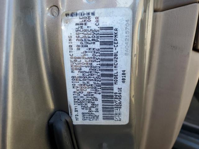 4T1BF22K71U115136 - 2001 TOYOTA CAMRY LE GRAY photo 12