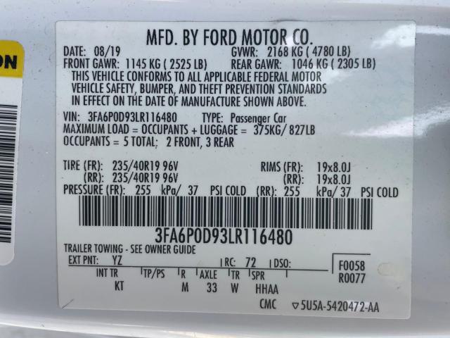 3FA6P0D93LR116480 - 2020 FORD FUSION TITANIUM WHITE photo 10