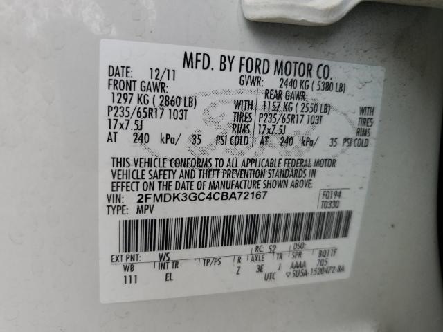 2FMDK3GC4CBA72167 - 2012 FORD EDGE SE WHITE photo 12