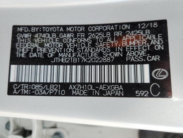 JTHB21B17K2022887 - 2019 LEXUS ES 300H WHITE photo 12