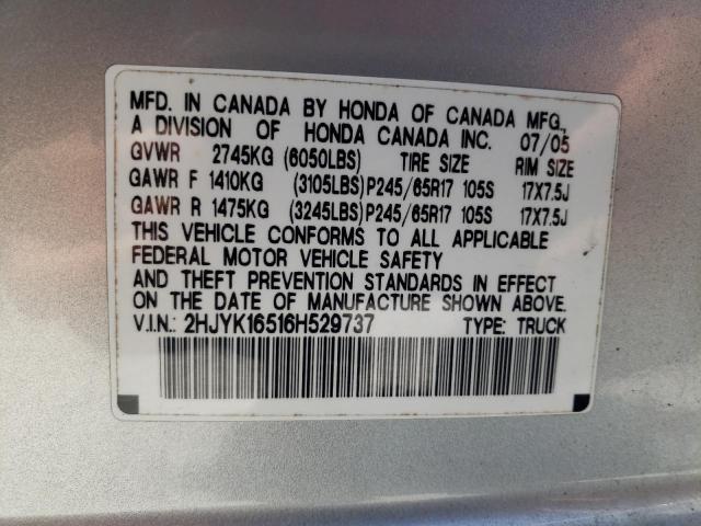 2HJYK16516H529737 - 2006 HONDA RIDGELINE RTL SILVER photo 12