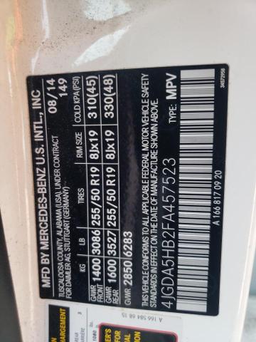 4JGDA5HB2FA457523 - 2015 MERCEDES-BENZ ML 350 4MATIC WHITE photo 13