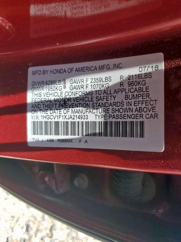 1HGCV1F1XJA214933 - 2018 HONDA ACCORD LX RED photo 12