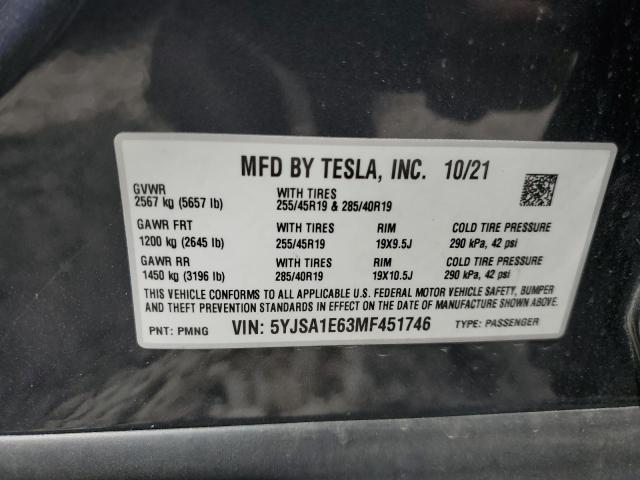 5YJSA1E63MF451746 - 2021 TESLA MODEL S GRAY photo 13
