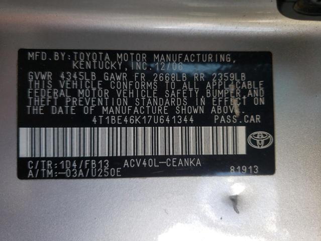 4T1BE46K17U641344 - 2007 TOYOTA CAMRY CE SILVER photo 13