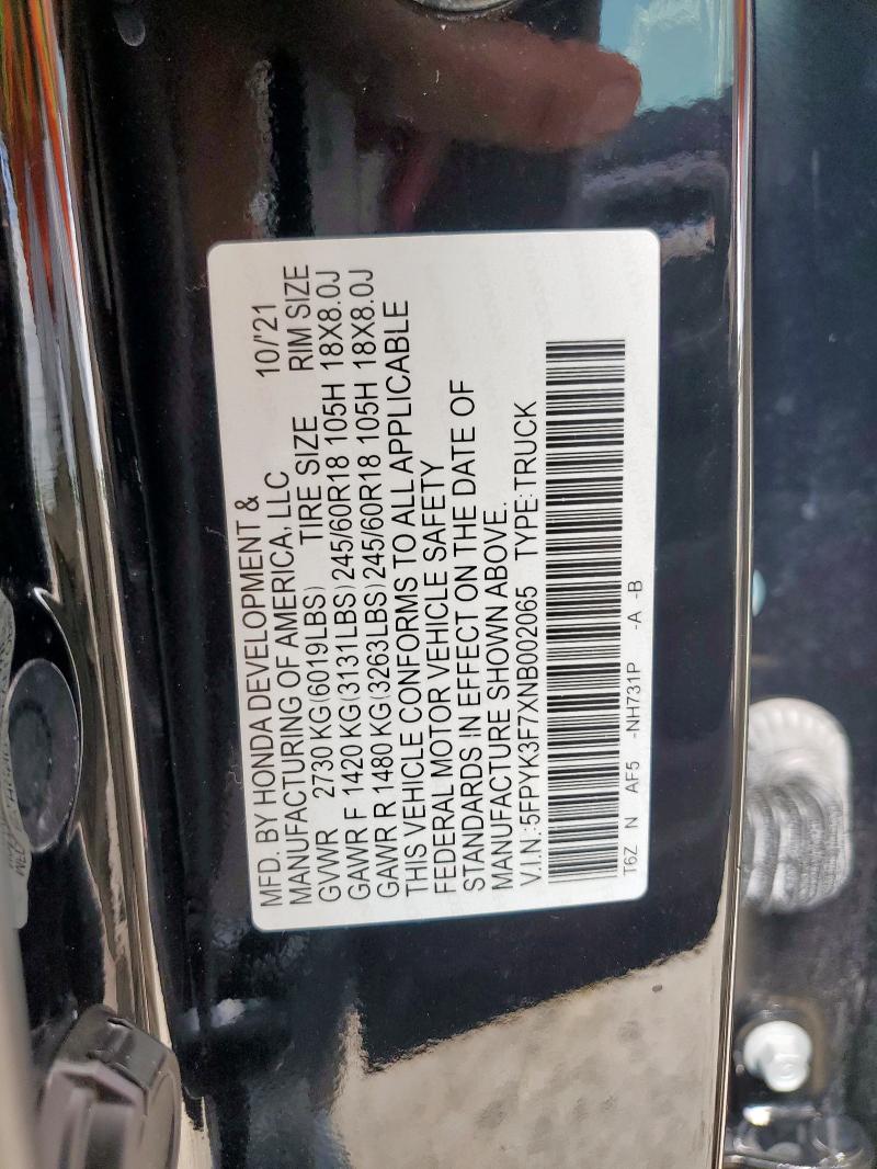 5FPYK3F7XNB002065 - 2022 HONDA RIDGELINE RTL შავი ფოტო 12