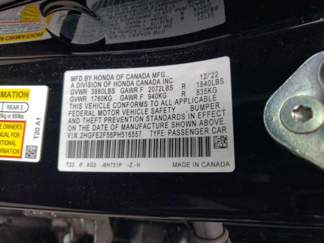 2HGFE2F56PH516557 - 2023 HONDA CIVIC SPORT 黑色 照片 12