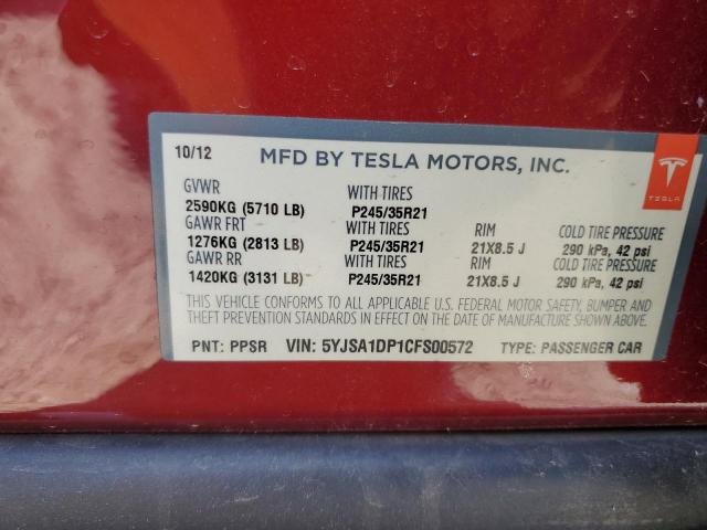 5YJSA1DP1CFS00572 - 2012 TESLA MODEL S 勃艮第红 照片 12