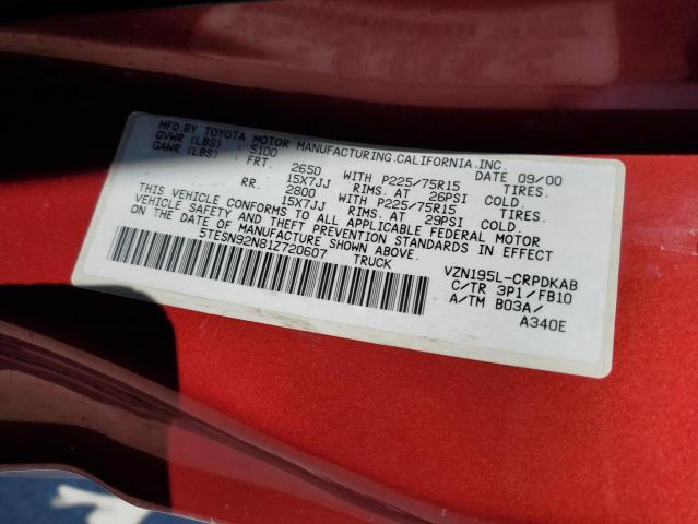 5TESN92N81Z720607 - 2001 TOYOTA TACOMA XTRACAB PRERUNNER ბურგუნდია ფოტო 13