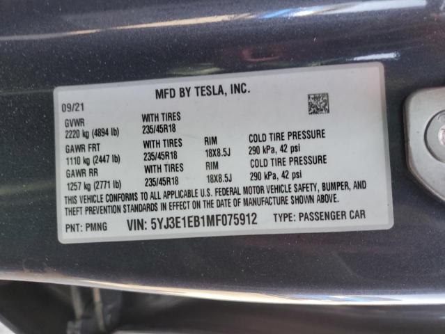 5YJ3E1EB1MF075912 - 2021 TESLA MODEL 3 Gri fotoğraf 12