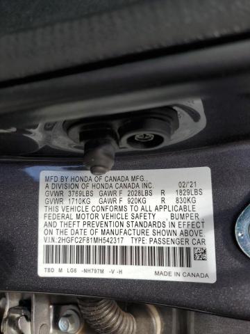2HGFC2F81MH542317 - 2021 HONDA CIVIC SPORT 灰色 照片 12