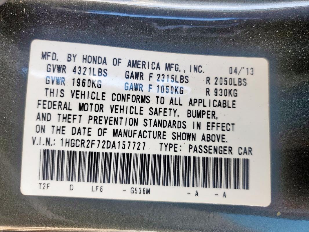 1HGCR2F72DA157727 - 2013 HONDA ACCORD EX GRAY photo 13