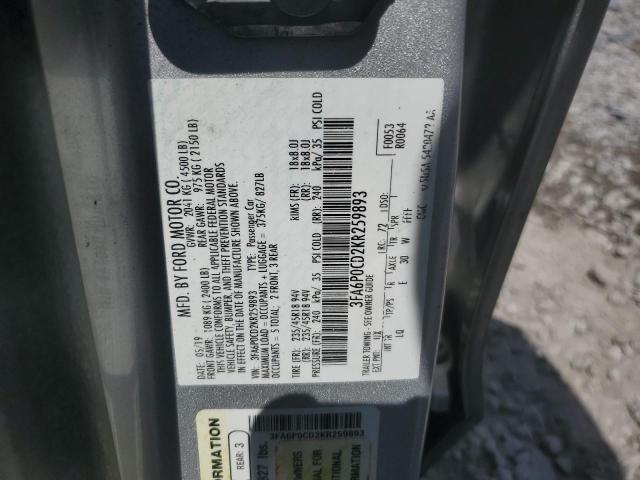 3FA6P0CD2KR259893 - 2019 FORD FUSION SEL SILVER photo 12