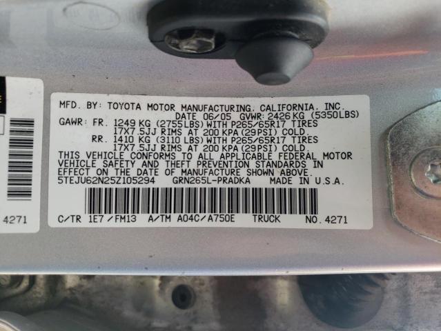 5TEJU62N25Z105294 - 2005 TOYOTA TACOMA DOUBLE CAB PRERUNNER SILVER photo 12