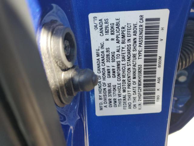 2HGFC2F80KH558263 - 2019 HONDA CIVIC SPORT BLUE photo 12