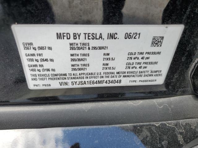 5YJSA1E64MF434048 - 2021 TESLA MODEL S Қара фото 12