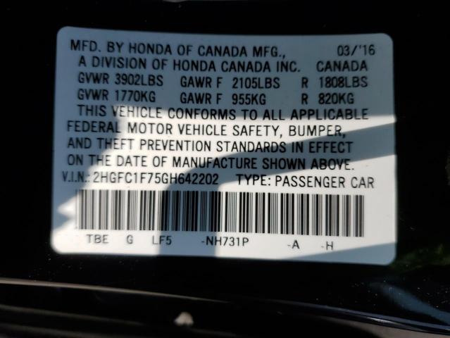 2HGFC1F75GH642202 - 2016 HONDA CIVIC EXL BLACK photo 12