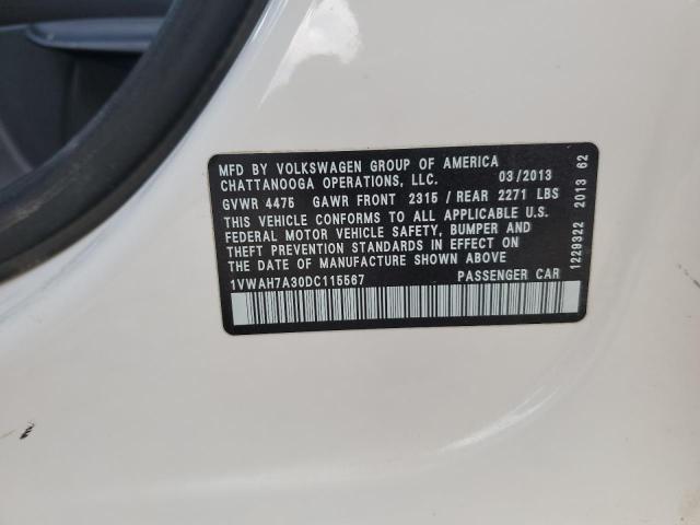 1VWAH7A30DC115567 - 2013 VOLKSWAGEN PASSAT S WHITE photo 12
