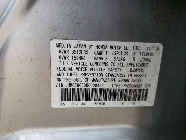 JHMGE8G53BC000428 - 2011 HONDA FIT SPORT SILVER photo 12