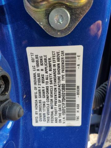 19XFC1F70HE013880 - 2017 HONDA CIVIC EXL Կապույտ լուսանկար 12