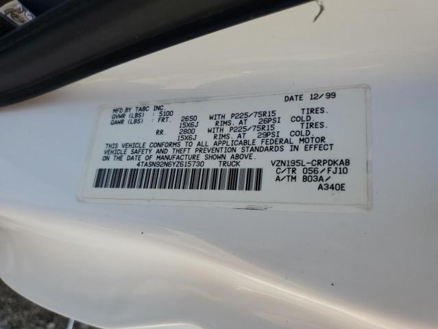 4TASN92N6YZ615730 - 2000 TOYOTA TACOMA XTRACAB PRERUNNER თეთრი ფოტო 13
