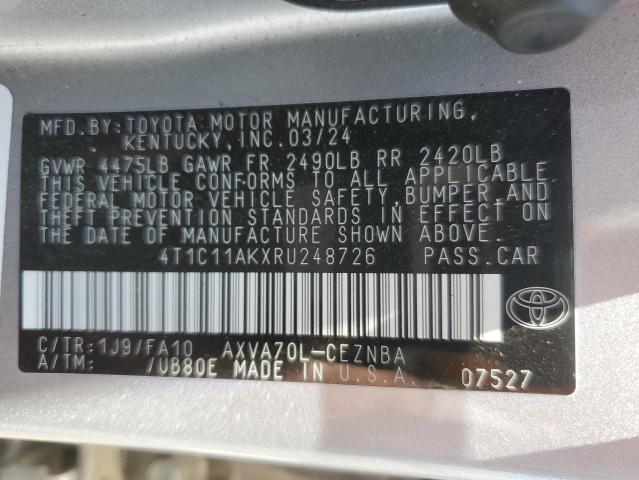 4T1C11AKXRU248726 - 2024 TOYOTA CAMRY LE SILVER photo 12