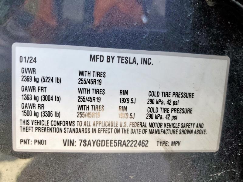 7SAYGDEE5RA222462 - 2024 TESLA MODEL Y GRAY photo 13