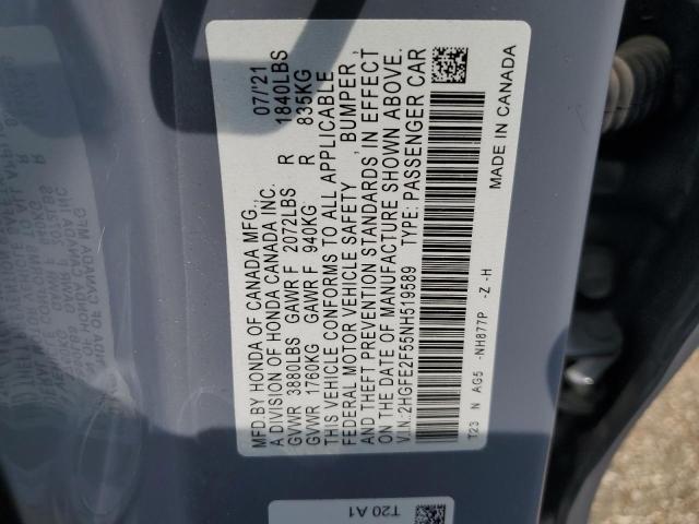 2HGFE2F55NH519589 - 2022 HONDA CIVIC SPORT 蓝色 照片 12